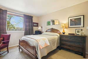 Bedroom with multiple windows and light colored carpet