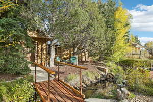 View of yard featuring a small pond