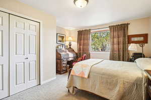 Bedroom with light carpet and a closet