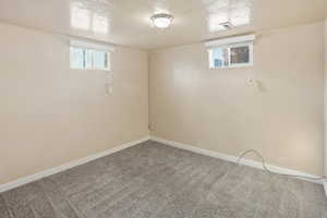 Below grade area with a textured ceiling and carpet floors