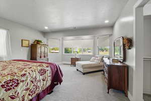 Bedroom featuring carpet floors, a textured ceiling, recessed lighting, and baseboard heating
