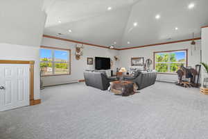 Living area with crown molding, high vaulted ceiling, light carpet, plenty of natural light, and a baseboard radiator