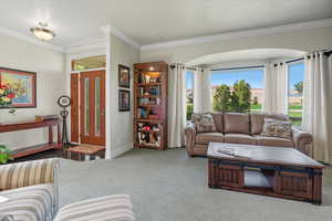 Living area featuring ornamental molding and carpet flooring