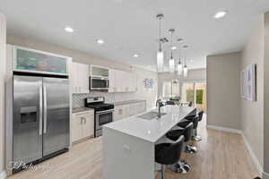 Kitchen featuring stainless steel appliances, decorative backsplash, a kitchen breakfast bar, pendant lighting, and white cabinetry