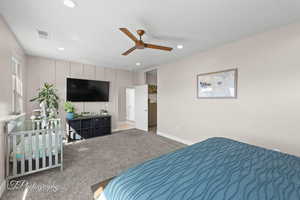 Bedroom featuring carpet flooring, recessed lighting, and ceiling fan