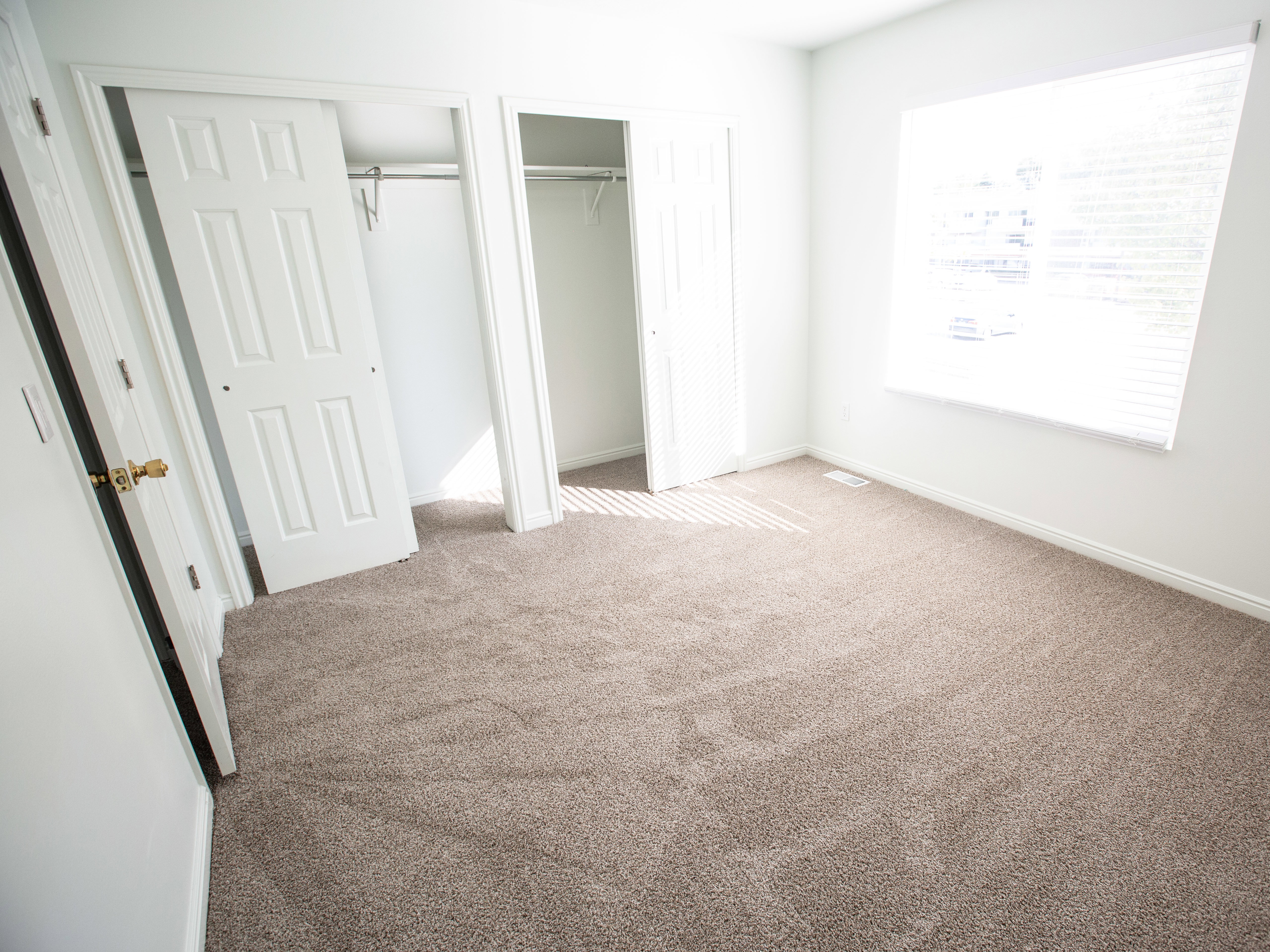 Unfurnished bedroom featuring light colored carpet and multiple closets