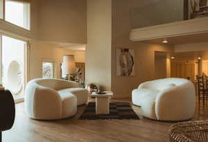 Living area featuring a high ceiling and wood finished floors