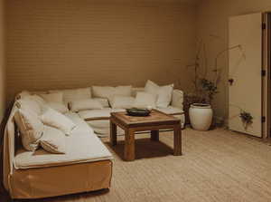 Living area with light carpet