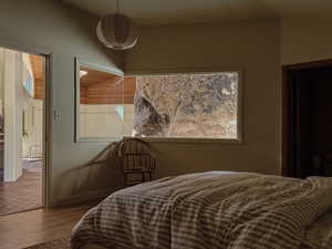 Bedroom with wood finished floors and baseboards