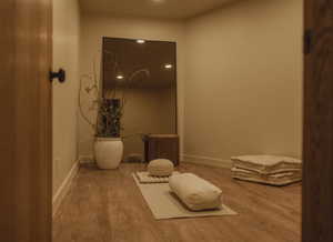 Interior space with wood finished floors and recessed lighting
