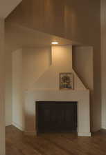 Detailed view of a fireplace, wood finished floors, and recessed lighting