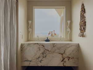 Detailed view of double vanity and curtained shower