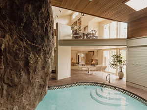 View of swimming pool with a skylight and a jacuzzi