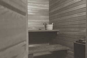 Sauna / steam room featuring wooden walls