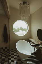 Bathroom view of a freestanding bath