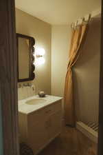 Bathroom featuring dark wood-type flooring, a shower stall, and vanity