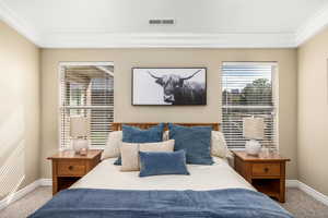 Bedroom featuring carpet flooring and crown molding