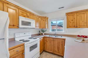 Kitchen with wood cabinets and white appliances. Lots of counterspace!