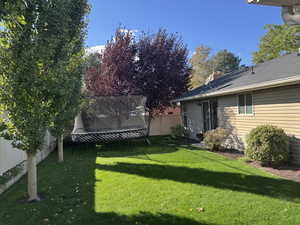 Fenced backyard featuring a trampoline
