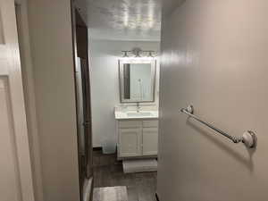Bathroom with vanity, wood-style flooring, and a shower stall