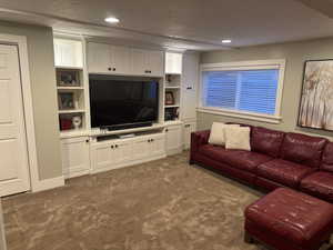 Living room featuring a textured ceiling, carpet flooring, and recessed lighting