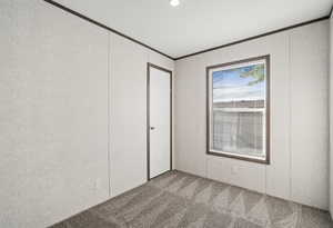 Carpeted spare room with ornamental molding and recessed lighting