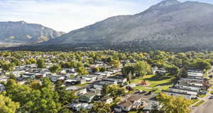 Aerial perspective of suburban area with mountains