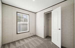 bedroom with carpet flooring, crown molding, and a closet