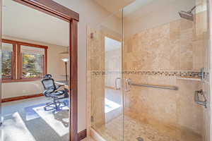 Bathroom featuring a shower stall and carpet floors