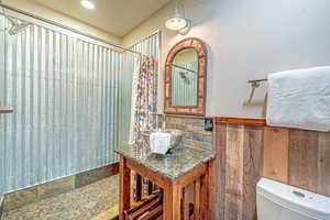 Bathroom with curtained shower, a wainscoted wall, vanity, and tile walls