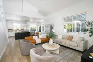 Living room featuring light wood-type flooring, high vaulted ceiling, and recessed lighting