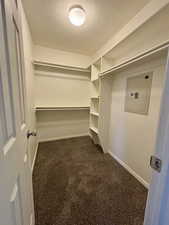 Master walk in closet with dark carpet and electric panel