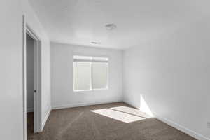 Unfurnished room featuring carpet floors and a textured ceiling