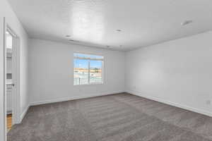 Unfurnished room with light colored carpet and a textured ceiling