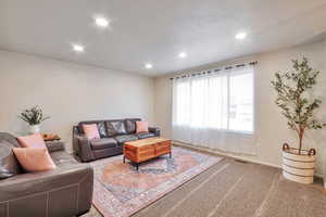 Living area with carpet floors and recessed lighting