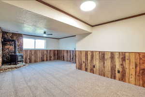 Below grade area with a wood stove, wooden walls, a wainscoted wall, carpet, and a textured ceiling