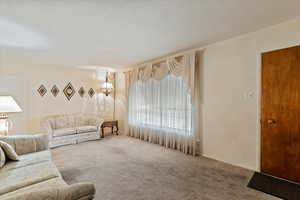 Living area featuring carpet floors and baseboards