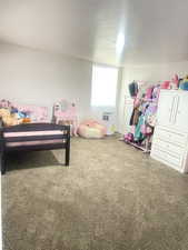 Carpeted bedroom with a textured ceiling