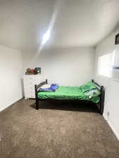 Bedroom with carpet and a textured ceiling