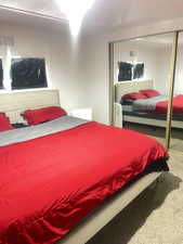 Carpeted bedroom featuring a closet