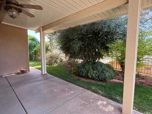 View of patio with a ceiling fan