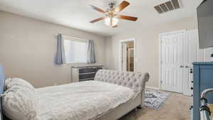 Carpeted bedroom with a ceiling fan and connected bathroom