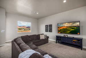 Living area with carpet flooring and a textured ceiling
