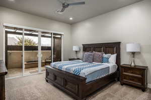 Bedroom featuring access to outside, carpet floors, recessed lighting, and ceiling fan