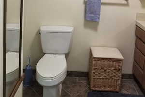 Bathroom featuring vanity and a shower stall