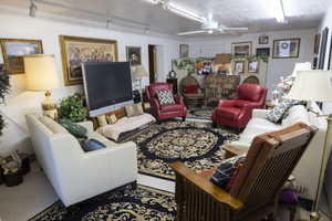 Living room featuring ceiling fan, rail lighting, and carpet