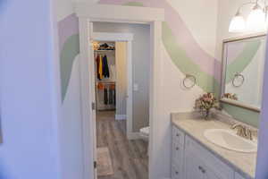 Jack and Jill bathroom featuring vanity and light wood-style flooring