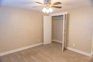 Basement apartment Master bedroom with colored carpet, a ceiling fan, and a closet