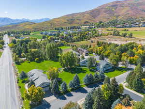 Aerial perspective of suburban area featuring a mountain backdrop
