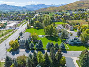 Aerial view of residential area with a mountain backdrop
